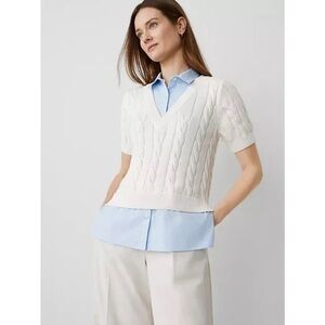 Ann Taylor Twofer White Cable-Knit V-Neck Short Sleeve Sweater